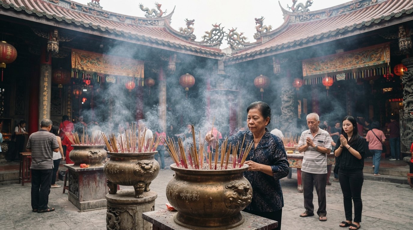 Jalan Kemenangan III의 Vihara Dharma Bhakti, 청동 향로에 가득 찬 향과 부드러운 아침 햇살 속 사원 지붕 아래로 흩어지는 연기