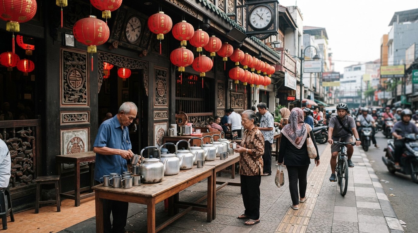 Jalan Pancoran의 Pantjoran Tea House, 복원된 약국 외관, 빨간 등, 보도에 나란히 놓인 8개의 무료 차 주전자