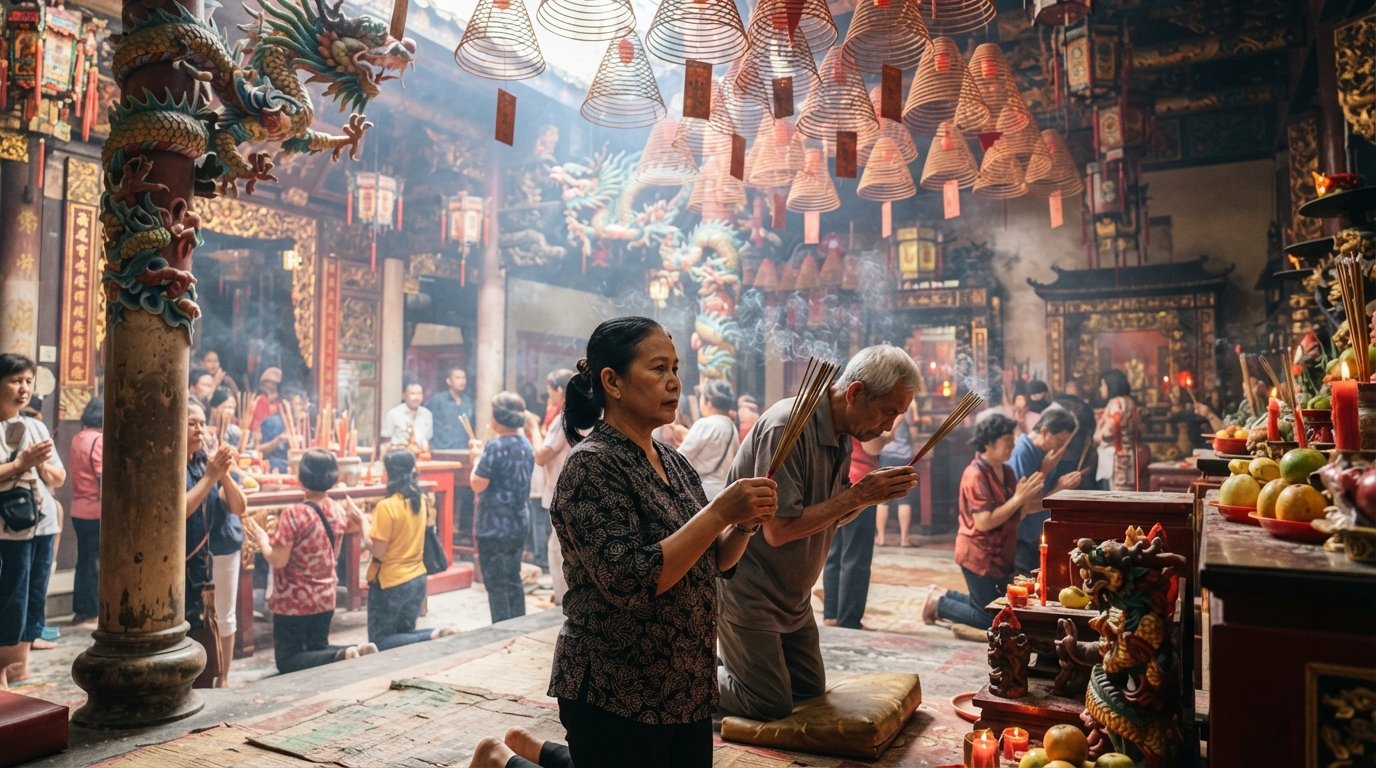 Vihara Dharma Bhakti 내부, 환한 아침 예배 시간에 매달린 향 코일과 용 조각 아래에서 향을 피우는 신도들