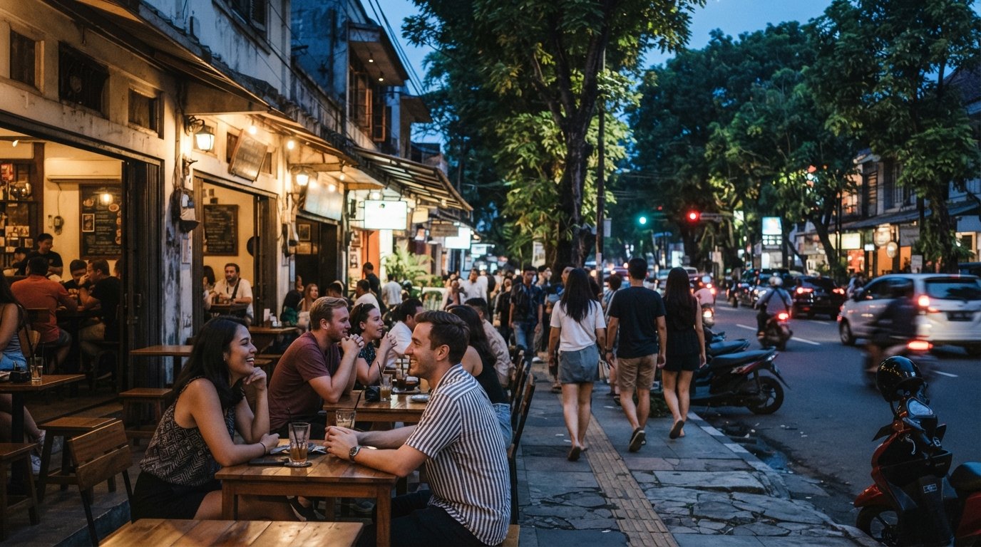 Jalan Kemang Raya at dusk, low-rise shopfronts and tall roadside trees framing the walkable strip of bars and cafes