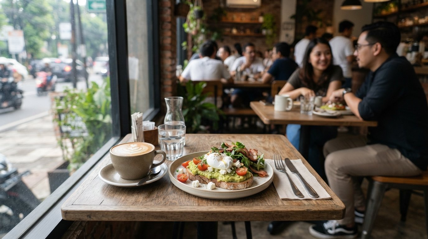 a flat white and brunch plate at One Fifteenth Coffee on Kemang Raya, bright morning light on a compact specialty-cafe table