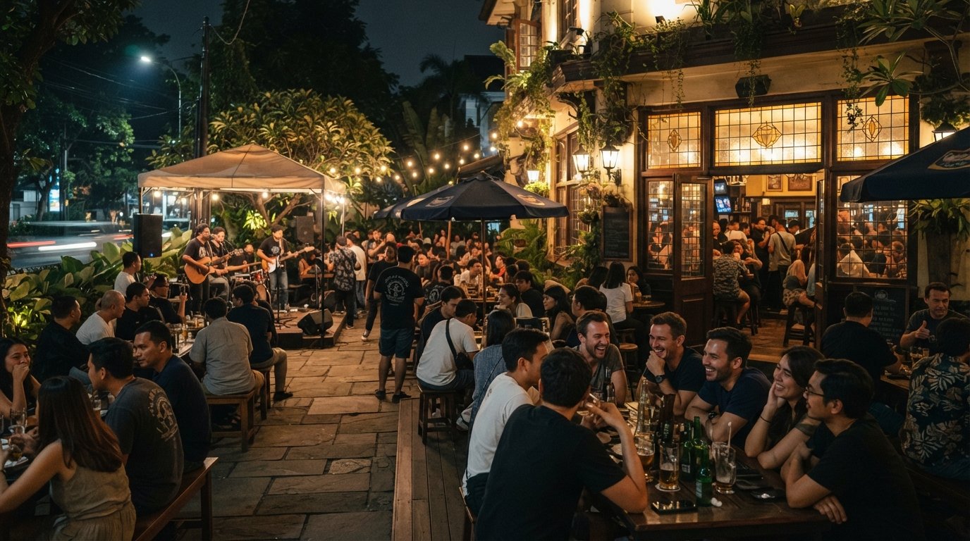 Eastern Promise on Jl. Kemang Raya 5 at night, warm pub windows, outdoor garden seating and a crowd gathered for live music