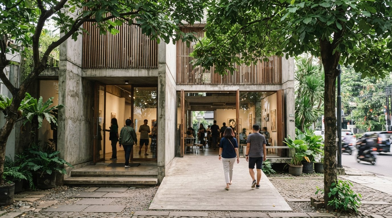 the Andra Matin-designed facade of Dia.lo.gue on Jl. Kemang Selatan 99A, leafy daylight with visitors entering the gallery-cafe space