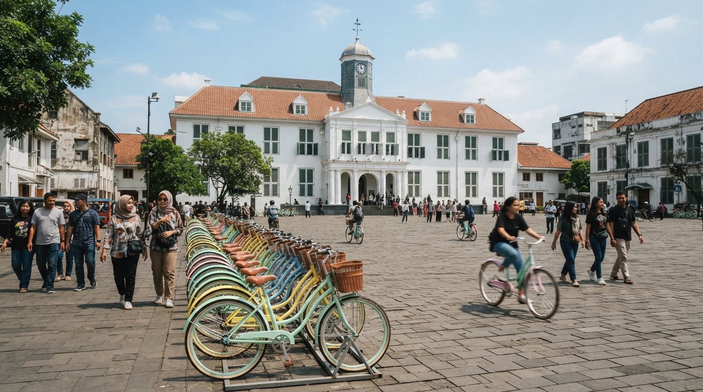 Fatahillah Square in Kota Tua, Jakarta, with the white Jakarta History Museum, colonial facades, and rows of pastel rental bikes under bright late-morning light