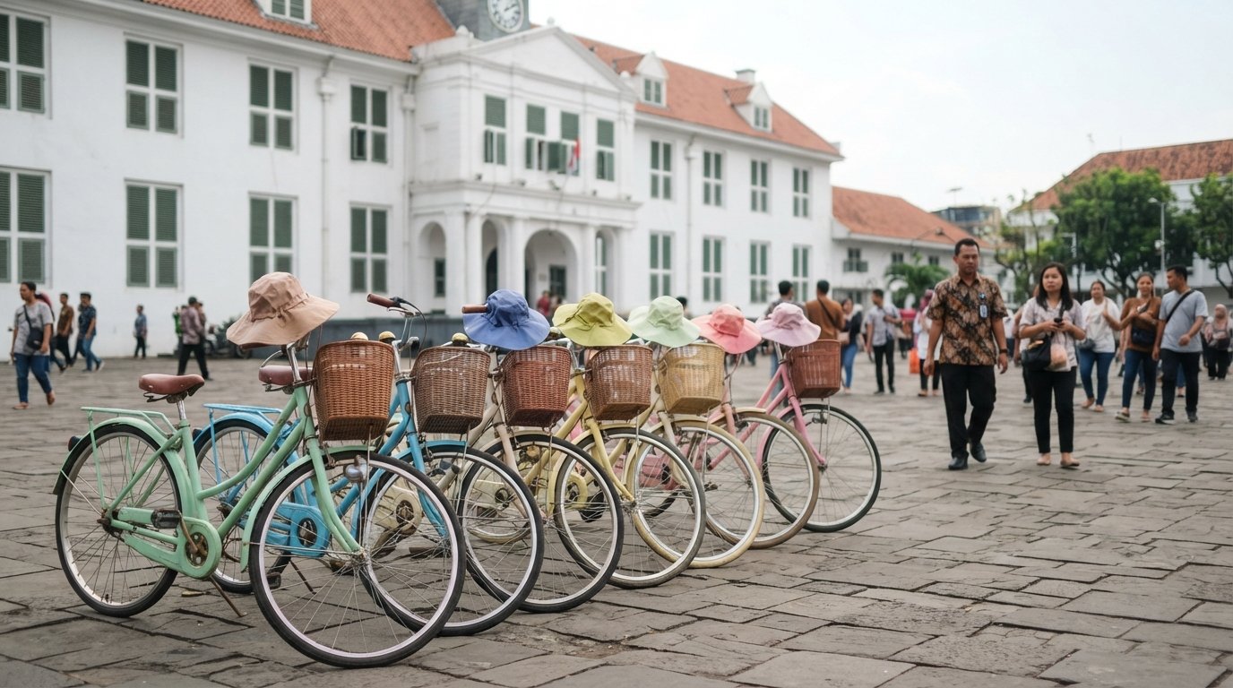 pastel ontel bicycles with matching floppy sun hats lined up near the Jakarta History Museum, ready for hire in Kota Tua