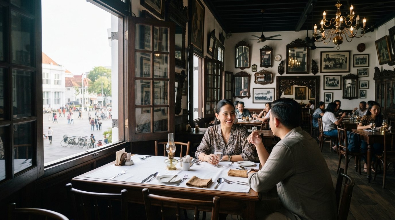 the dark-wood interior of Café Batavia in Kota Tua, with antique mirrors, framed photographs and a set table overlooking the square