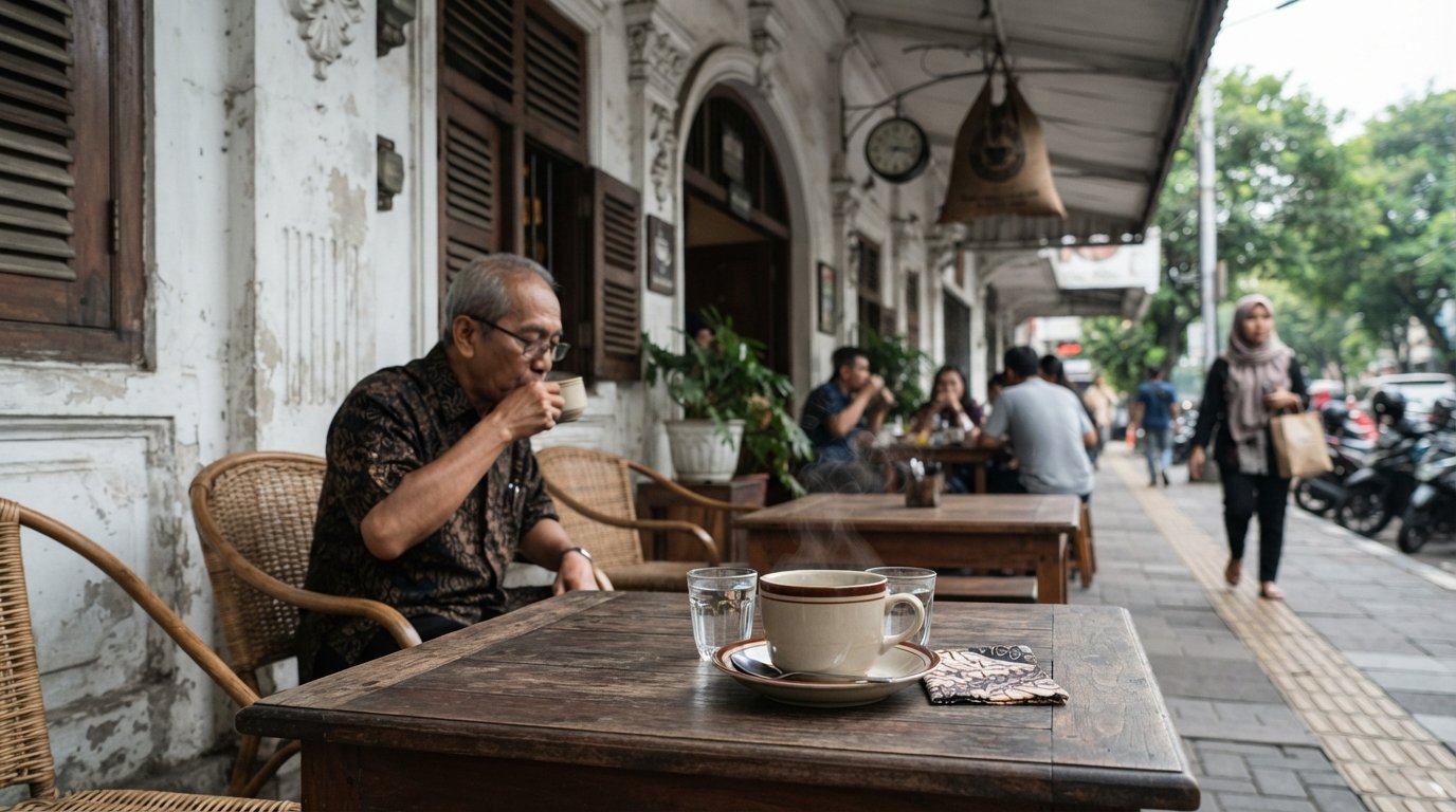 Cikini Raya의 Bakoel Koffie, 식민지 시대 루코 전면과 부드러운 일광 아래 나무 테이블 위의 토라자 커피 한 잔