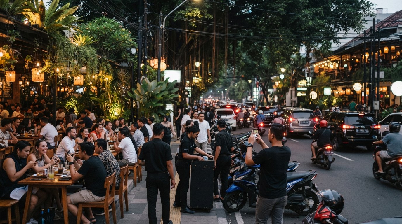 Jalan Senopati at dusk, valet lines and restaurant terraces glowing under banyan shade, with traffic and camera phones capturing the strip’s busy dinner rush