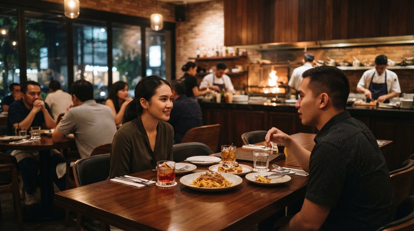 Pantja on Jalan Senopati at night, open-fire kitchen glow visible through the dining room, with cocktails and handmade pasta plates on a polished table