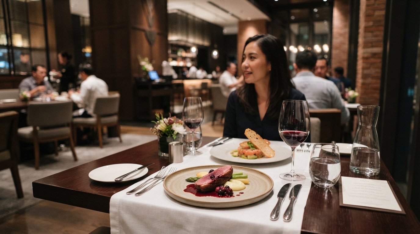 Vong Kitchen inside Alila SCBD, elegant fine-dining plates on a crisp table setting with the hotel’s polished interior in soft light