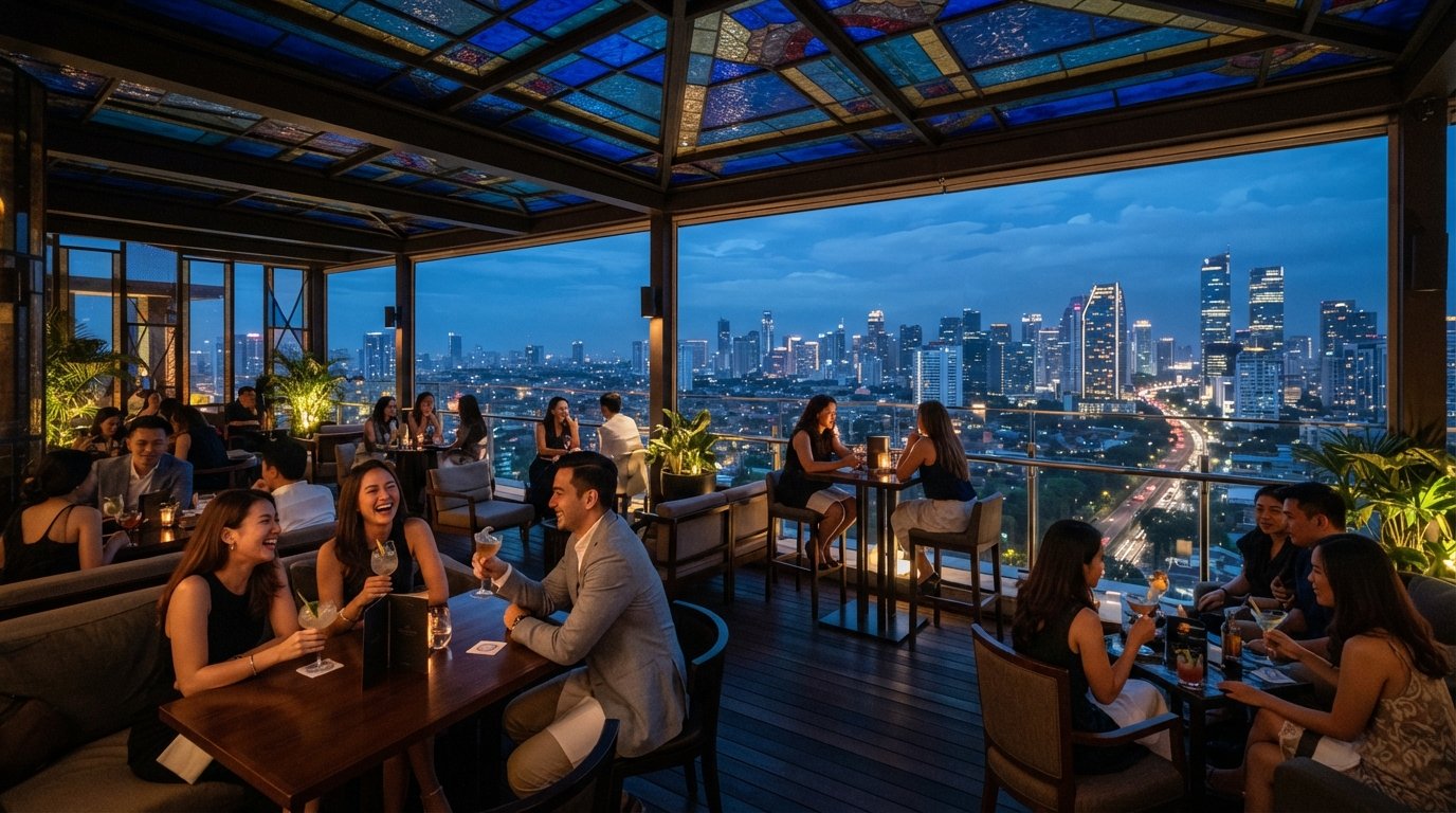 Artesian on the 65th floor of The Langham SCBD, coloured-glass roof over the lounge and open-air terrace with Jakarta skyline at blue hour