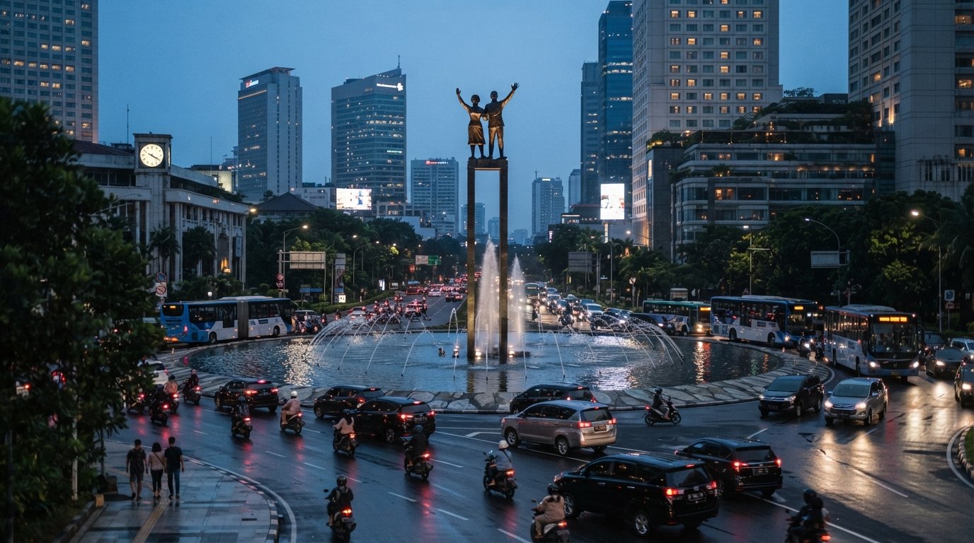 the Selamat Datang Monument at Bundaran HI at dusk, bronze figures waving above the fountain pool with traffic circling below and tower lights beginning to reflect in the water