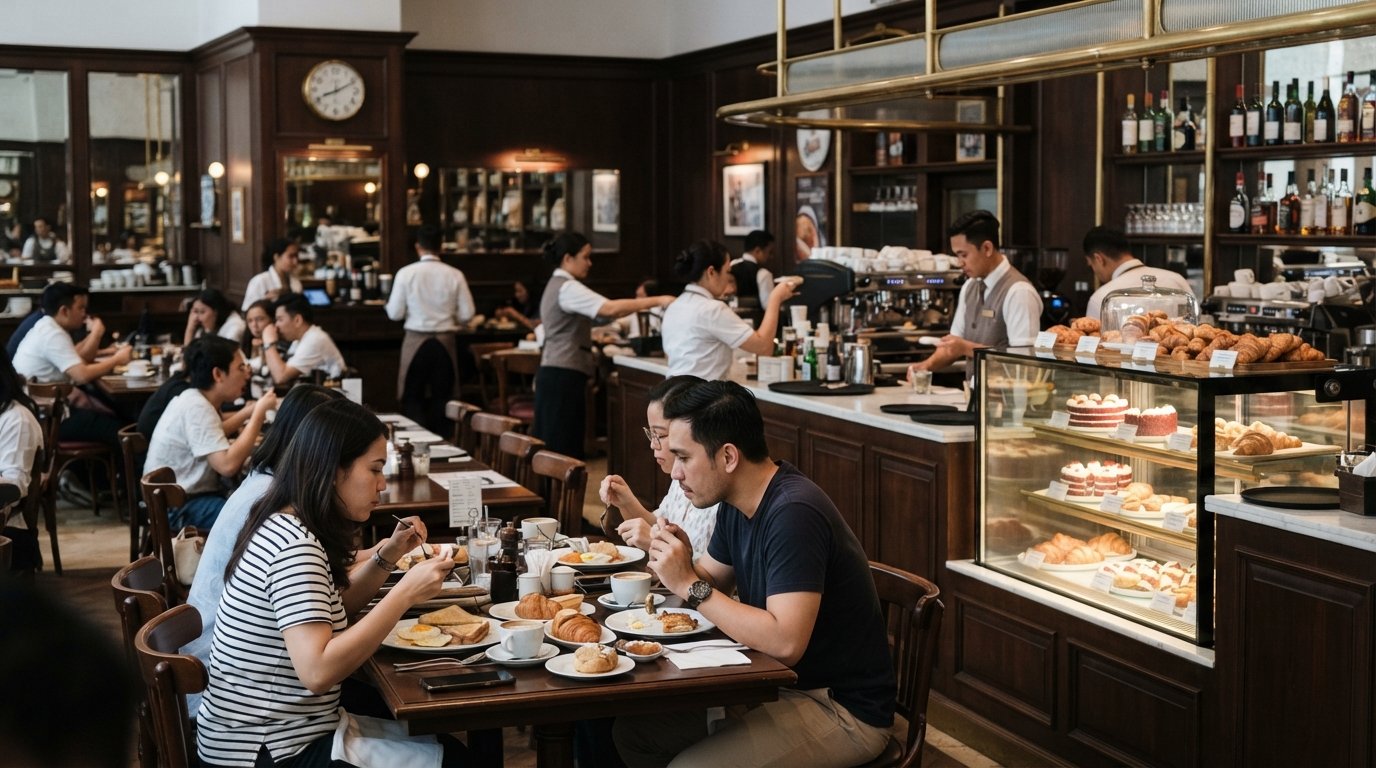 Union at Grand Indonesia on the East Mall ground floor, a busy brasserie-bakery-bar with cake display, brunch tables and the sense of a long-running Jakarta favourite