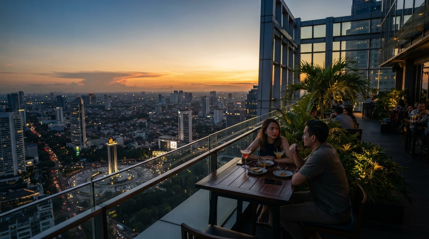 SKYE on the 56th floor of BCA Tower at sunset, a terrace edge table with the city spread out below and the skyline turning gold behind the glass