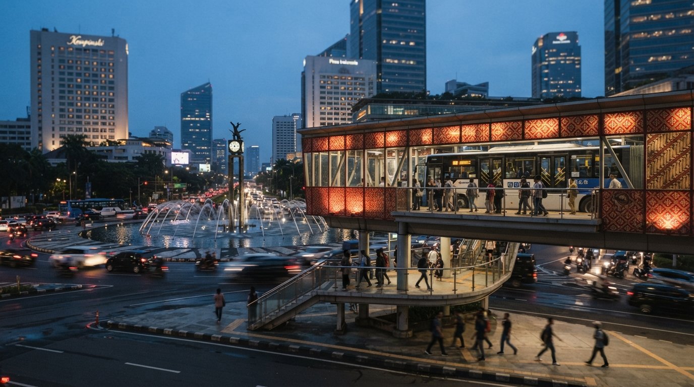 the batik-patterned two-level TransJakarta stop above Bundaran HI at dusk, its red-and-gold geometry lit against the fountain and surrounding traffic