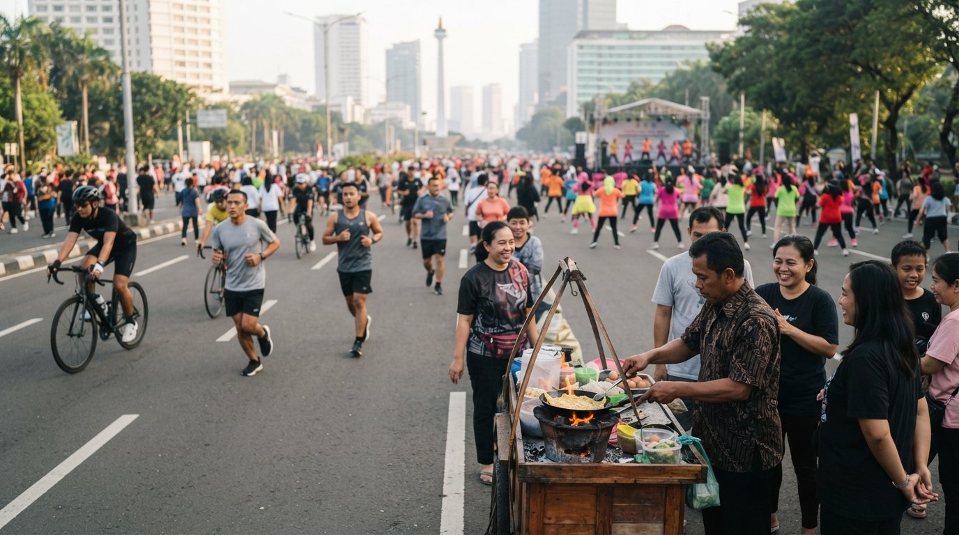 Sunday Car-Free Day on Thamrin boulevard in the early morning, runners, cyclists and aerobics groups sharing the road beside a cart frying kerak telor over charcoal